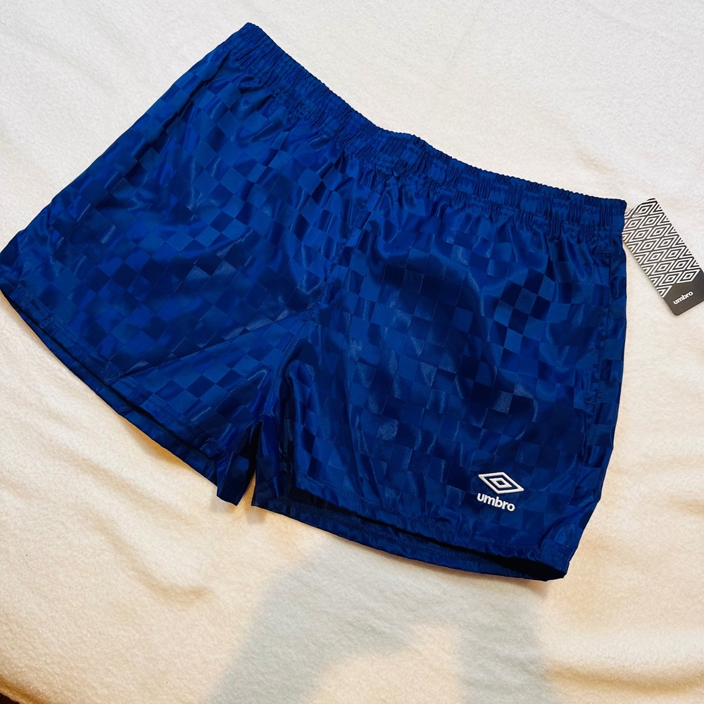 Umbro Blue Checkerboard Soccer Shorts Women XL Satin Athletic Gym Pockets NEW